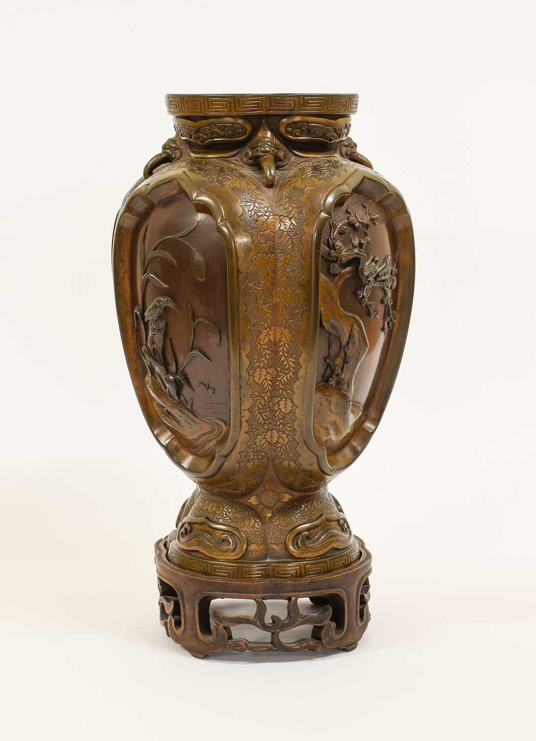 A Japanese Bronze Vase, Meiji period, of baluster form cast with birds in branches in recessed - Image 2 of 10
