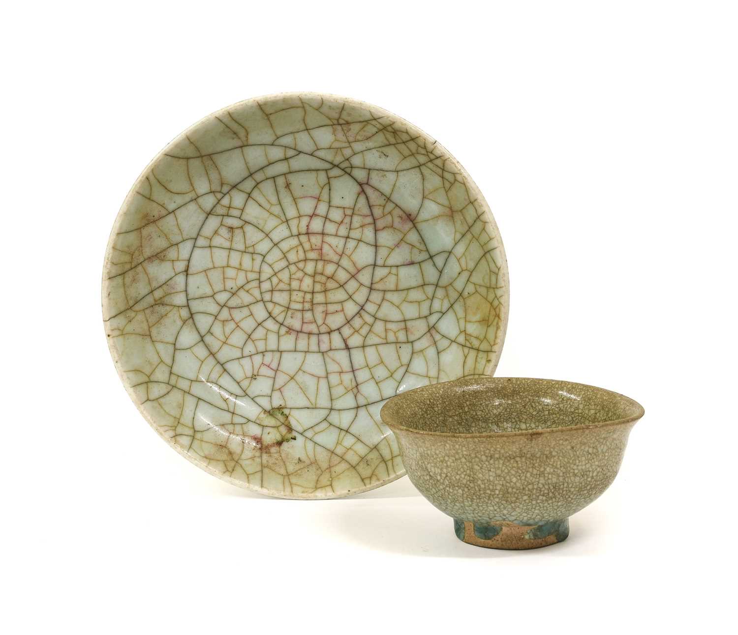 A Guan-Type Celadon-Glazed Saucer Dish, in Song style, with allover two colour crackle22cm diameterA