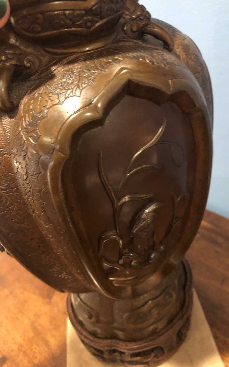 A Japanese Bronze Vase, Meiji period, of baluster form cast with birds in branches in recessed - Image 6 of 10