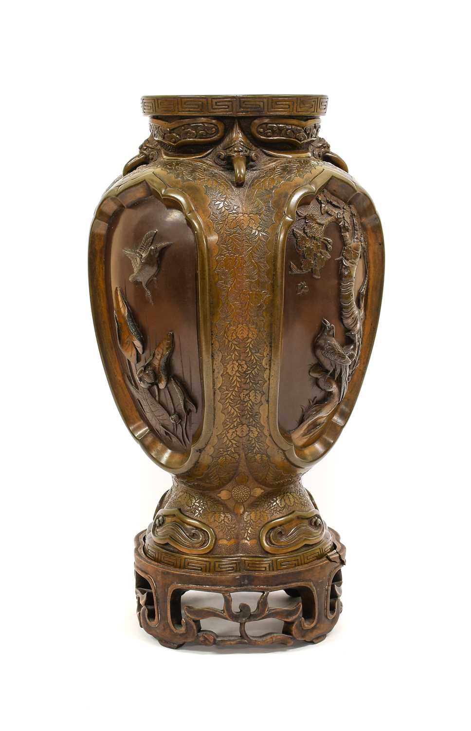 A Japanese Bronze Vase, Meiji period, of baluster form cast with birds in branches in recessed