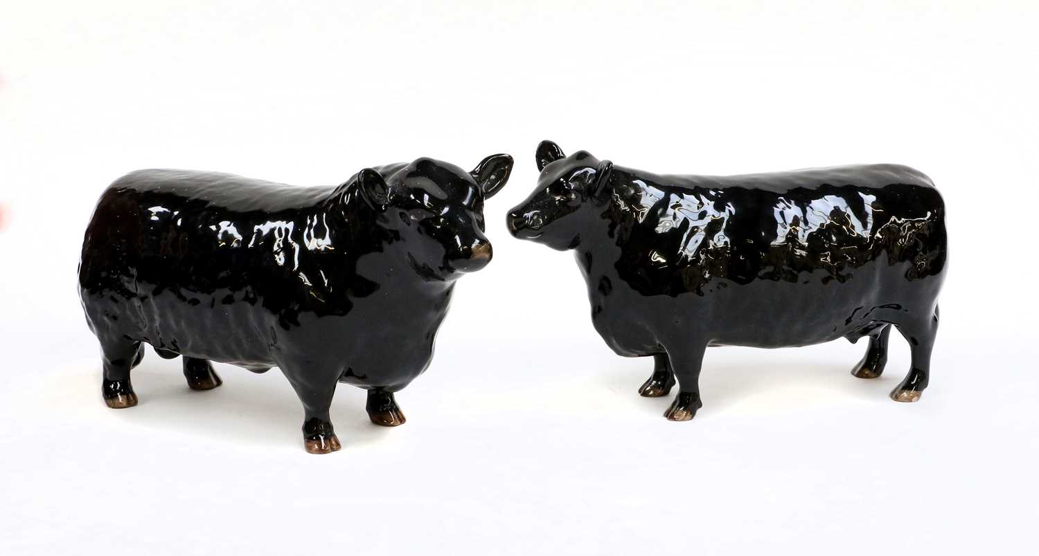 Beswick Aberdeen Angus Cattle Comprising: Bull, model No. 1562 and Cow, model No. 1563, black