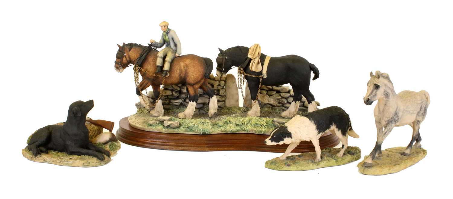 Border Fine Arts 'Coming Home' (Heavy Horses), model No. JH9A, on wood base; 'Connemara Pony', model