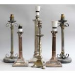 Table Lamps, to include; a pair of silver plated Corinthium columnar lamps, a single larger example,