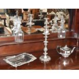 A Silver Plated Three Branch Candelabra, 54cm h; together with a similar pierced cake basket with