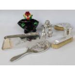 Silver Five Piece Dressing Table Set, together with a silver mounted dressing table bottle, pair