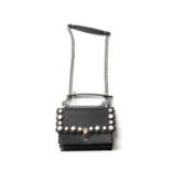 Fendi Kan I Black Leather Handbag, set with large faux pearls of two sizes to the front flap,
