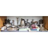 Silver Plated Items, to include: A Three Branch Candelabra, A Pair of Candlesticks, Teawares, Trays,