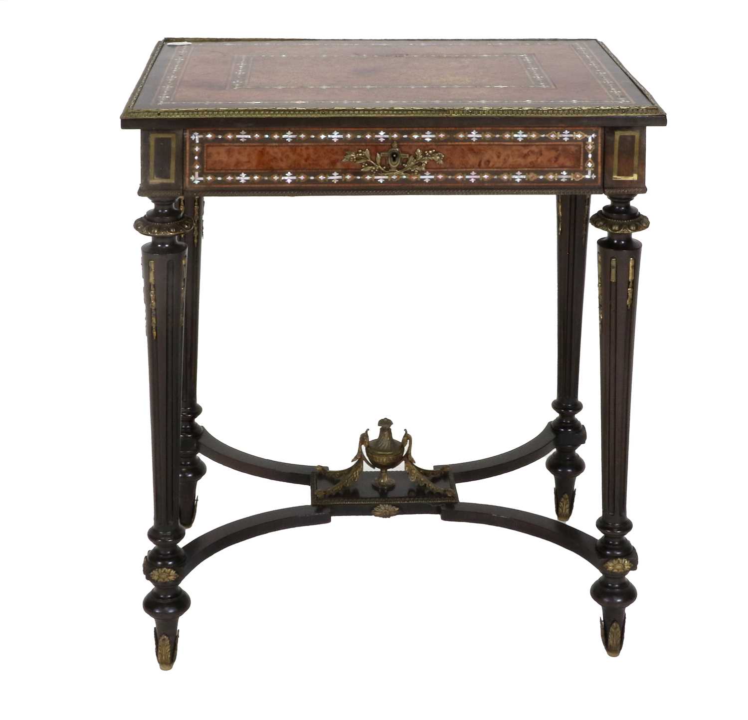 A French Napoleon III Amboyna, Ebonised and Mother-of-Pearl-Inlaid Table à Ouvrage, late 19th