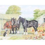 Dorothy Margaret Alderson (1900-1992)Working horses at rest in a farmyardSigned and dated 1990,