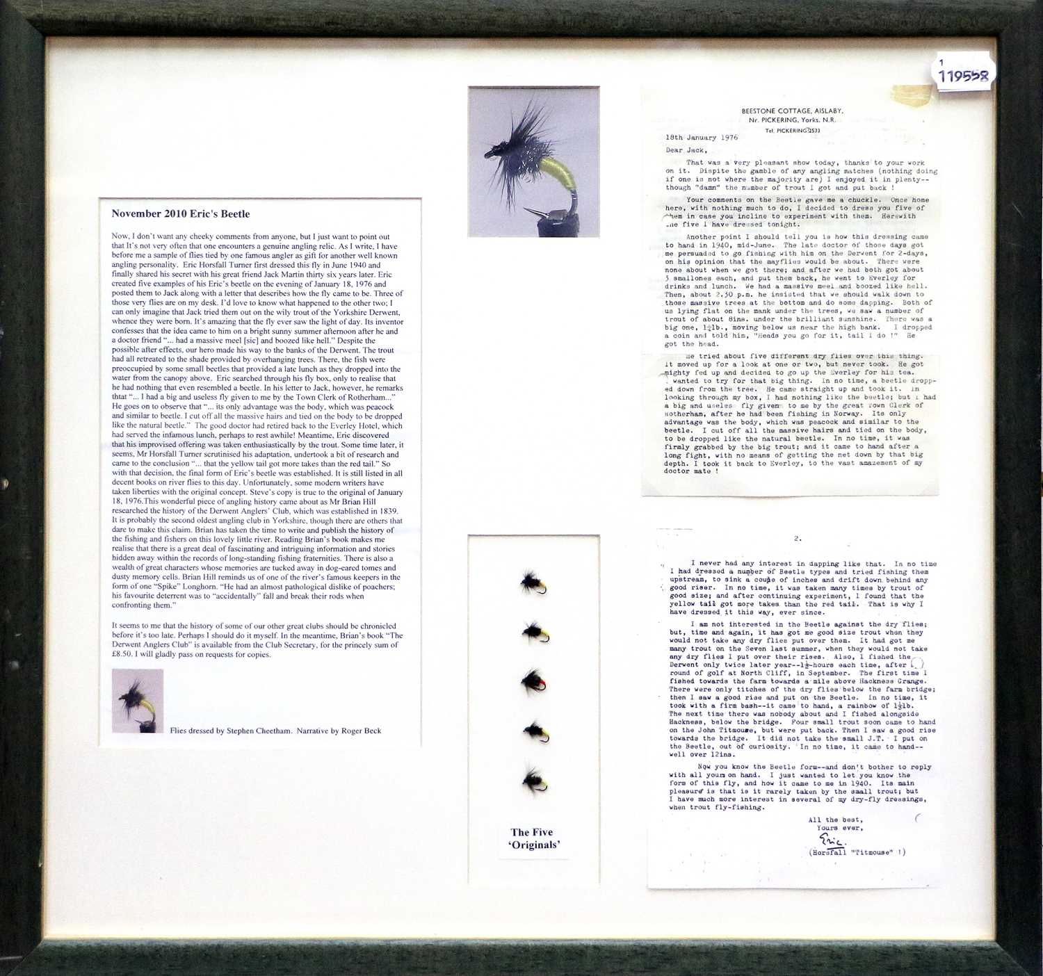 A Framed Display Of Letters And Articles Relating To "Eric's Beetle" and a pattern devised by Eric