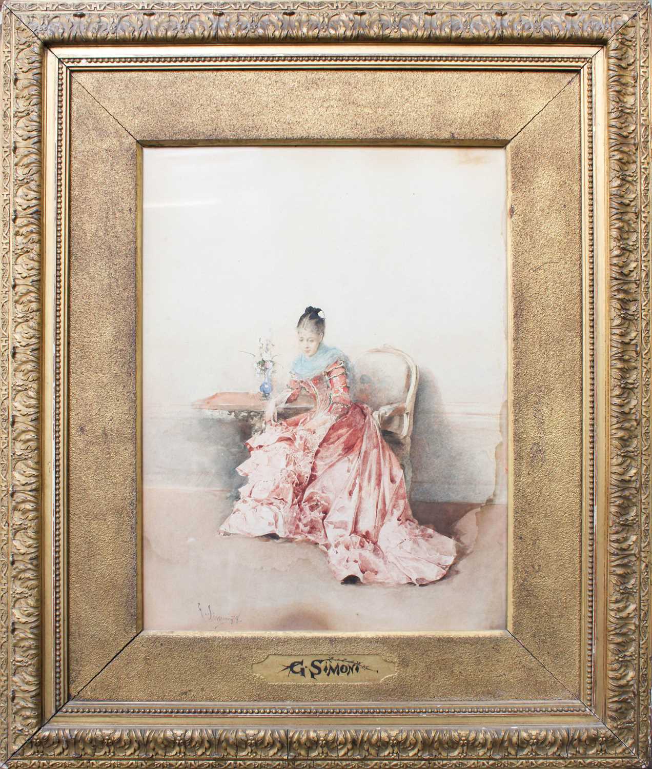 Gustavo Simoni (1845-1926) ItalianPortrait of an elegant lady, seated, in an interiorSigned and - Image 2 of 2