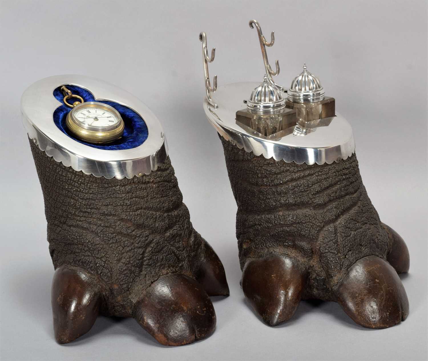 Animal Furniture: A Rare Late Victorian Pair of Silver Plate Mounted Javan Rhinoceros Feet (