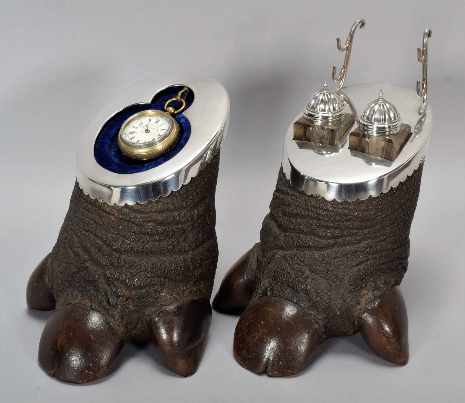 Animal Furniture: A Rare Late Victorian Pair of Silver Plate Mounted Javan Rhinoceros Feet ( - Image 8 of 8