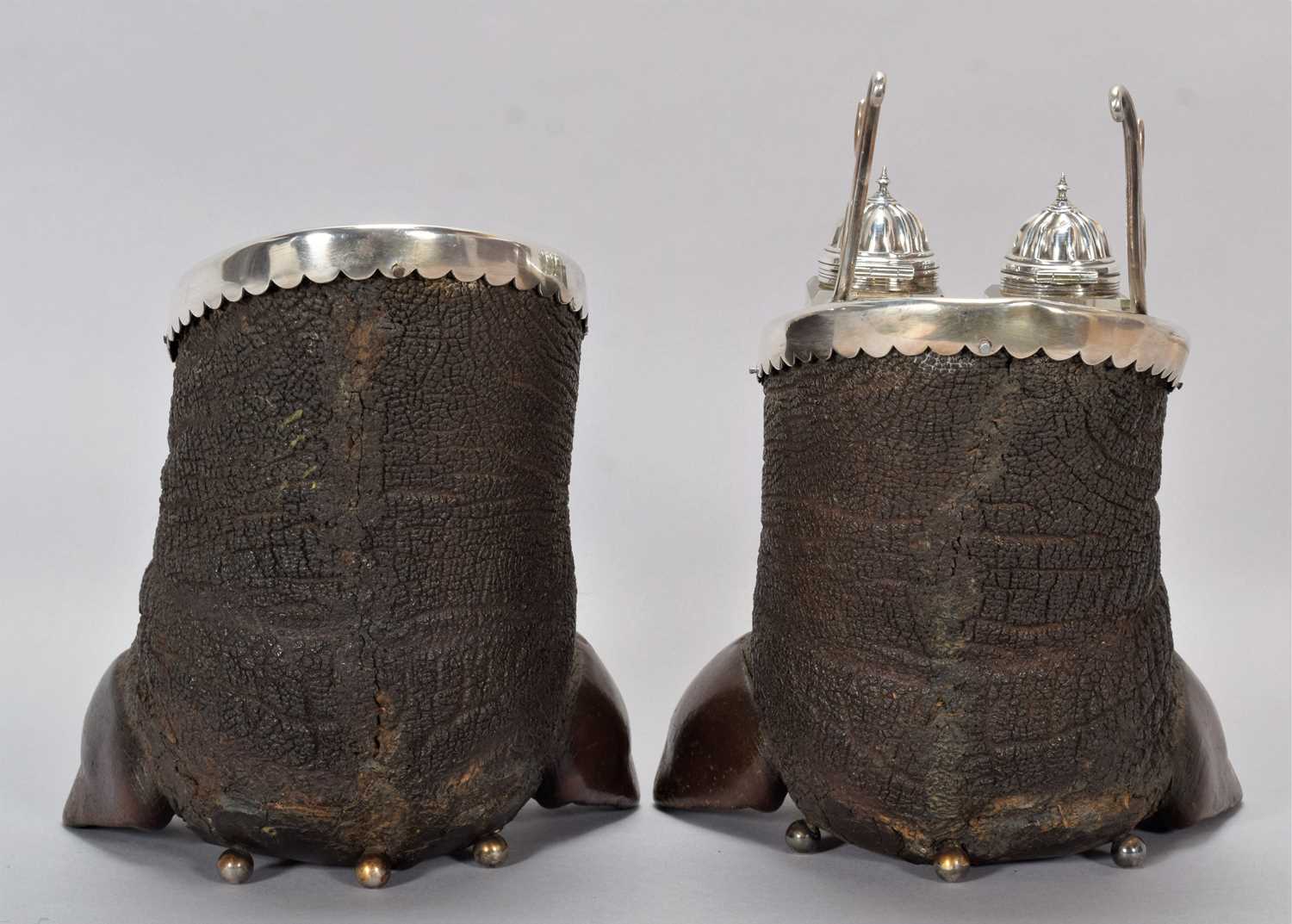 Animal Furniture: A Rare Late Victorian Pair of Silver Plate Mounted Javan Rhinoceros Feet ( - Image 3 of 8