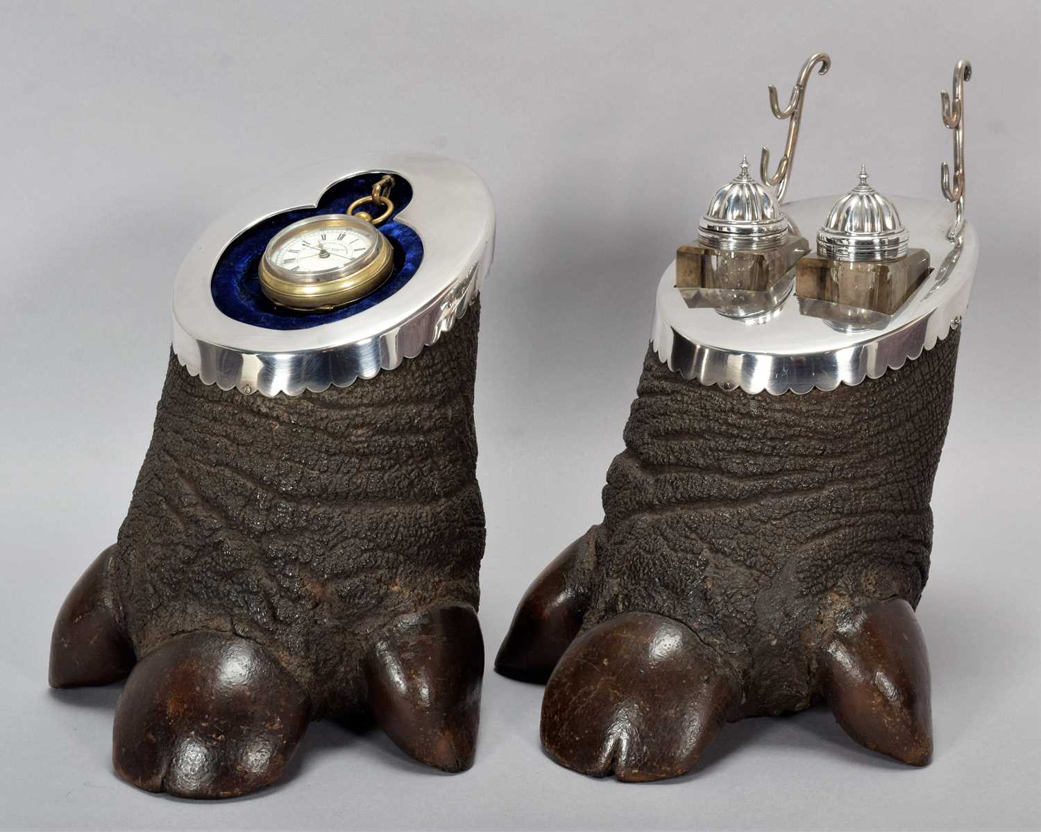 Animal Furniture: A Rare Late Victorian Pair of Silver Plate Mounted Javan Rhinoceros Feet ( - Image 5 of 8