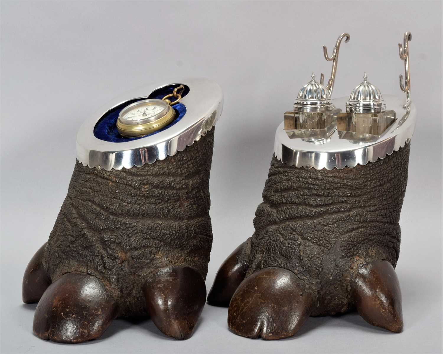 Animal Furniture: A Rare Late Victorian Pair of Silver Plate Mounted Javan Rhinoceros Feet ( - Image 7 of 8