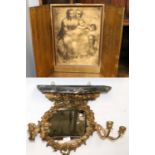A Carved Twin Light Girandole/Wall Bracket; together with a printed religious scene as a wall