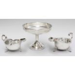 A George V Silver Pedestal-Dish and Two George V Silver Sauceboats, the dessert-stand by Asprey