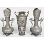 A Pair of WMF Twin Handled Vases, cast with art nouveau maidens, stamped and cast marks 390; and