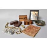 A Tray of Assorted Collectables, including two marquetry puzzle boxes, a turned serpentine bowl,