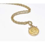 A Sovereign Pendant on Chain, dated 1965, pendant length 3.3cm, chain length 63cmMount hallmarked