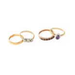 A 9 Carat Gold Band Ring, finger size K1/2; An Amethyst and Diamond Cluster Ring, stamped '18CT',