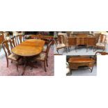 A Reproduction Walnut Dining Suite comprising a twin pillar dining table 203cm by 95cm by 75cm, a