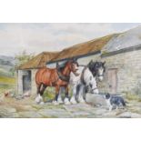 D.M & E.M Alderson (20th Century)Working horses at rest with sheep dog and chickens in a farmyard