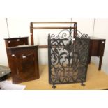 A Large Wrought Iron Fireguard, A Mahogany Clothes Rack, A Small Standing Corner Chest, A Small