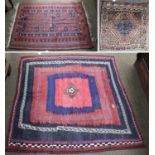 An Afshar Sofreh, the flat woven field with a serrated strawberry red and indigo panel enclosed by