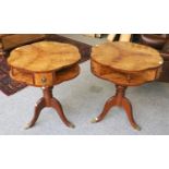 A Pair of Reproduction Burr Walnut Veneered Lamp/Side Tables, with three small oak-lined drawers