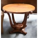 A Reproduction Hardwood Circular Centre Table, the crossbanded top on acanthus scrolled supports and