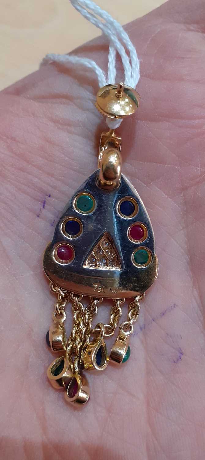 A Pair of Ruby, Sapphire, Emerald and Diamond Drop Earringsthe white pear shaped plaque inset with - Image 3 of 3