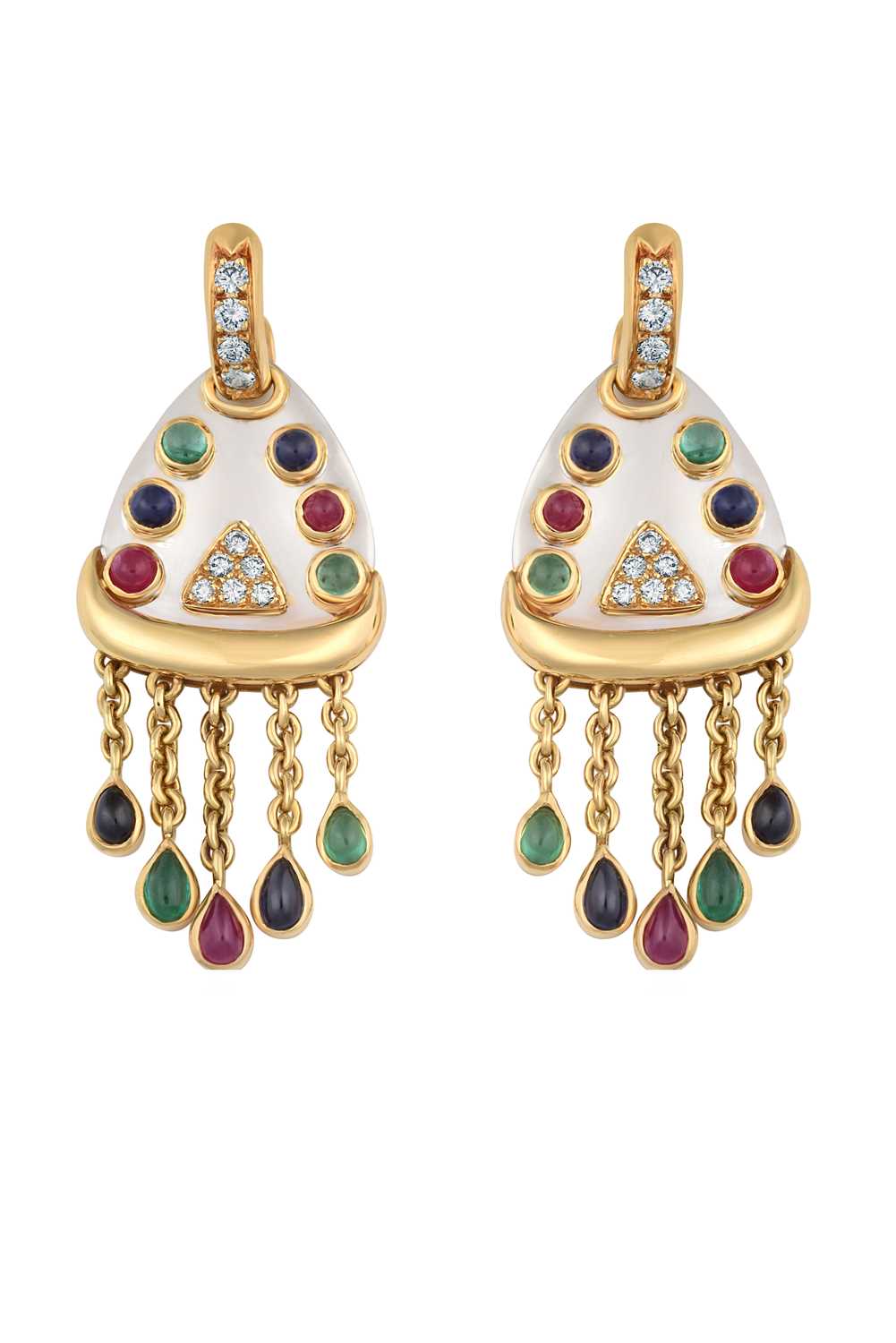 A Pair of Ruby, Sapphire, Emerald and Diamond Drop Earringsthe white pear shaped plaque inset with