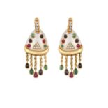 A Pair of Ruby, Sapphire, Emerald and Diamond Drop Earringsthe white pear shaped plaque inset with