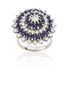 An 18 Carat White Gold Sapphire and Diamond Cluster Ring the central raised round brilliant cut