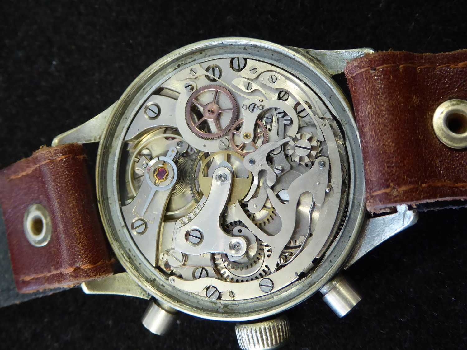 Hanhart: A Rare Second World War German Luftwaffe Pilots Chronograph Wristwatch, signed Hanhart, - Image 3 of 9