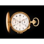 An 18 Carat Gold Full Hunter Keyless Minute Repeater Chronograph Pocket Watch, circa 1900, manual
