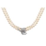 A Double Row Cultured Pearl Necklace, with A Diamond Cluster Claspthe 56:61 cultured pearls