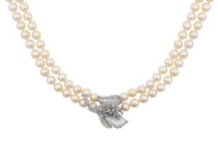 A Double Row Cultured Pearl Necklace, with A Diamond Cluster Claspthe 56:61 cultured pearls