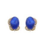 A Pair of Lapis Lazuli and Diamond Earringsthe oval cabochon lapis lazuli in yellow claw settings,