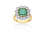 An 18 Carat Gold Emerald and Diamond Cluster Ringthe emerald-cut emerald in a yellow claw setting,