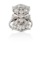 An Art Deco Style Diamond Cluster Ring three graduated old cut diamonds aligned up the finger,