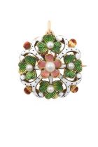 An Edwardian Enamel and Pearl Brooch the central pearl within a floral border enamelled in pink