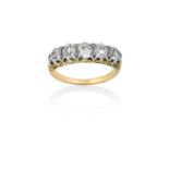 A Diamond Five Stone Ringthe graduated old cut diamonds in white claw settings, with a yellow scroll