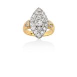 A Diamond Cluster Ring the navette shaped cluster set throughout with old cut diamonds, in white