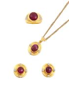 A Ruby and Diamond Pendant on Chain, Earring and Ring Suite the pendant formed of an oval cabochon
