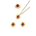 A Ruby and Diamond Pendant on Chain, Earring and Ring Suite the pendant formed of an oval cabochon