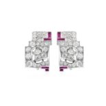 A Pair of Ruby and Diamond Clips of geometric design, set throughout with old cut and eight-cut