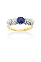 A Sapphire and Diamond Five Stone Ringthe round cut sapphire flanked by pairs of old cut diamonds,